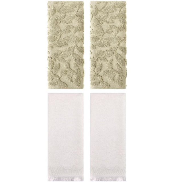 REGALWOVEN 4 Pcs Bathroom Absorbent Soft Boho Hand Towel Green/Beige 14" x 30"/13" x 29"