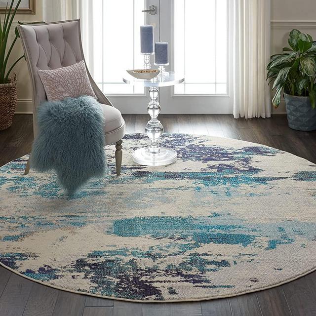 Nourison Celestial Modern Abstract Area Rug, 7'10" x ROUND (8' Round), Ivory/Teal Blue