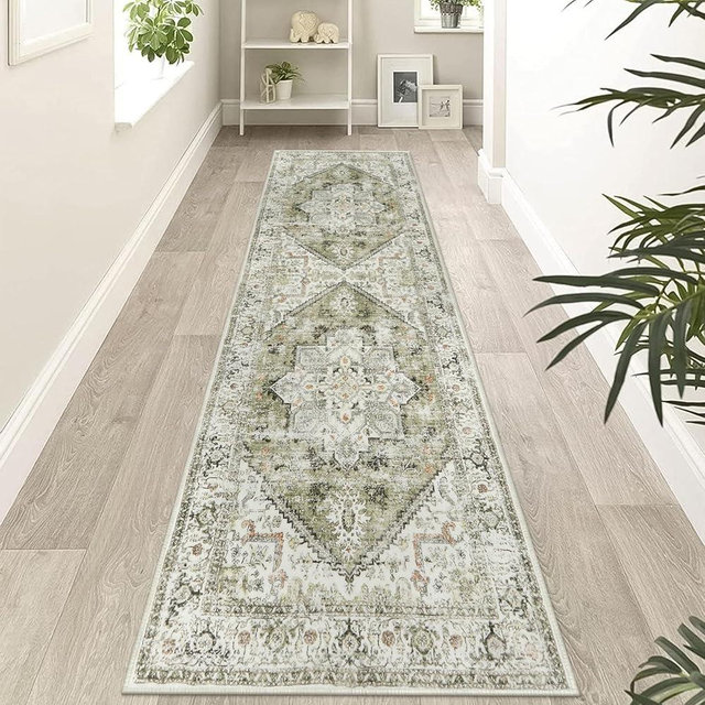LIVEBOX Sage Green Runner Rug Non Slip 2.5x8 - Oriental Bedroom Rugs Long Hallway Rug for Home Decor, Low-Pile Vintage Rug for Bathroom, Non-Slip Soft Carpet Throw Rug for Laundry Room
