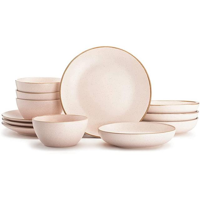 Riverside Collection by Maison Neuve 12-Piece Dinnerware Set Service for 4 - Hand Crafted Bowls and Plates Set, Stoneware Dinnerware Set, Microwave & Dishwasher Safe Plate Set - Rosewater Pink