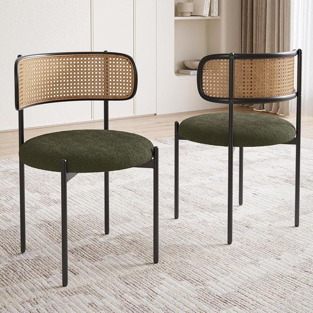 Farini Kitchen Chairs Set of 2, Mid-Century Modern Dining Chairs,Kitchen Dining Room Chairs, Rattan Backrest Round Upholstered Sherpa Dining Chairs,Green