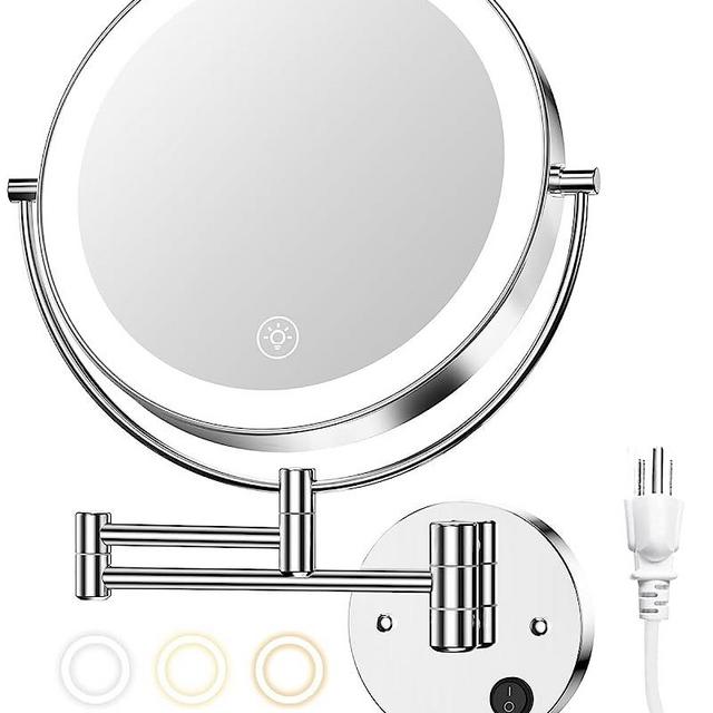 Gospire 9” Wall Mounted Lighted Makeup Vanity Mirror with 3 Color Lights & Stepless Dimming, 1X/10X Magnifying LED Double Sided Bathroom Touch Sensor Extendable Arm 360° Swivel Shaving Cosmetic Mirror