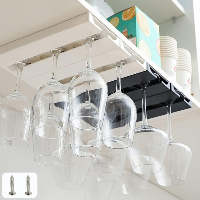 JAMEND CLXP 2 PCS White Plastic Wine Glass Rack with Screws (NO Adhesive), Under Cabinet Wine Glass Holder, Glasses Storage Hanger Bar Kitchen Wine Glasses Organizer. (White)