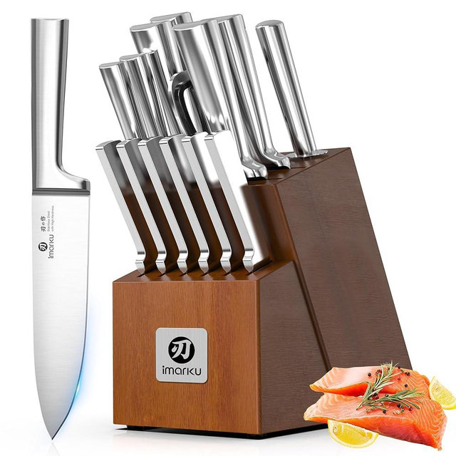 imarku 15-Piece Knife Block Set Built-in Sharpener, Japanese High Carbon Stainless Steel Kitchen Knife Set, Dishwasher Safe, Chef Knife Set with Wooden Knife Block, Steak Knives for Kitchen Cooking