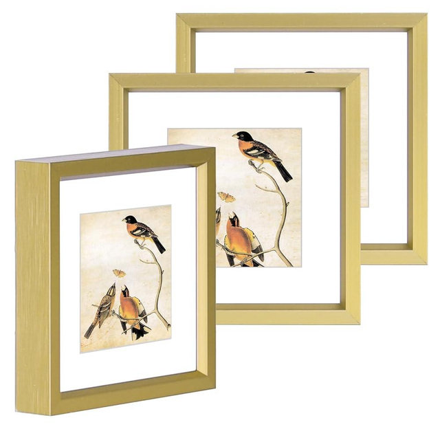 3x3 Picture Frame Set of 3, Brass Metal Square Photo Frames with HD Glass, Fits 2x2 with Mat or 3 x 3 without Mat, Display for Wall and Table