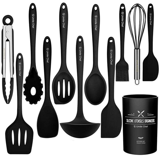 Kitchen Utensil Set- Cooking Utensils-Silicone Kitchen Utensils -Umite Chef Nonstick Cookware with Spatula Set - Colored Best Kitchen Tools Kitchen Gadgets with Utensil Crock(Black) (Black)