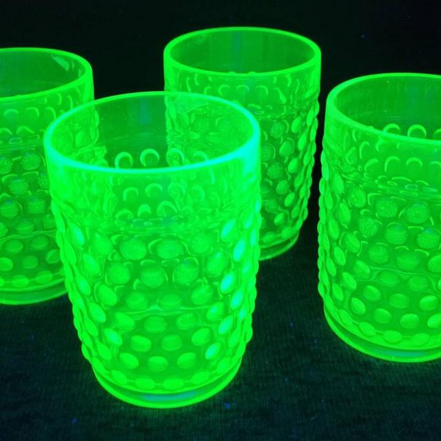 Hob Nail, Rocks, Glasses, Uranium Glass, MCM, Mid Century, Modern, Barware, Drinkware, Set of 4, Glow in the Dark, Mancave