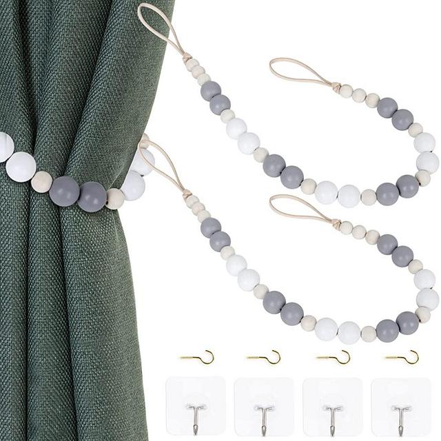 2 Pieces Wood Bead Curtain Tieback Boho Curtain Tiebacks Curtain Holdbacks for Wall Farmhouse Curtain Tiebacks Window Treatment Drape Tie Back with Hooks for Bedroom Wall Restaurant Decoration