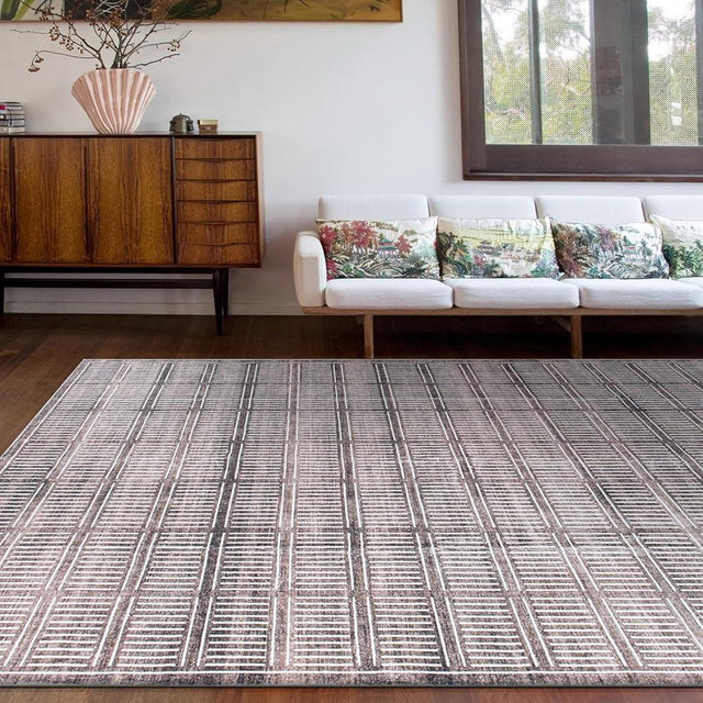 Rugshop Bohemian Stripe Lines Washable Non Slip Area Rug 8' x 10' Brown