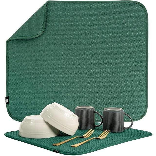 S&T INC. Dish Drying Mat, 16” x 18”, Absorbent Microfiber Kitchen Counter Mat, Drying Pad for Dishes, Utensils, Pots and Pans, Large, Diamond Texture, Emerald Green