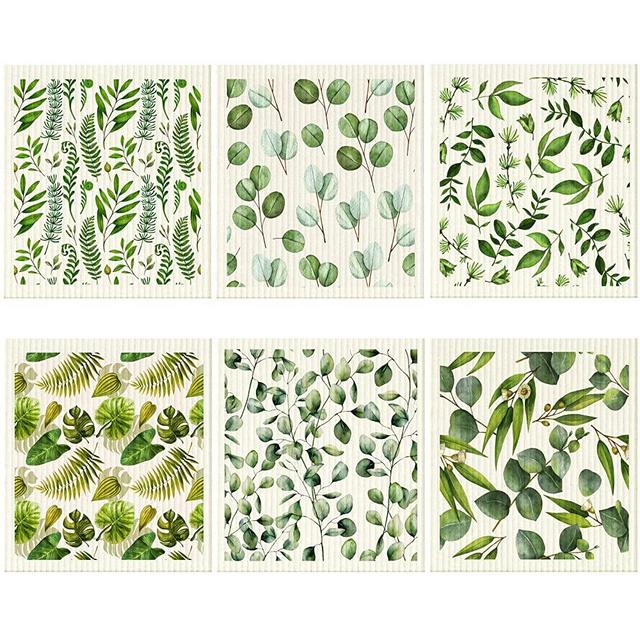 6 Pcs Kitchen Dishcloths Multi Purpose Kitchen Towel Flower Absorbent Dish Towels Soft Reusable Cleaning Dish Cloths Washable Decorative Tea Towels Bar Hand Towel (Leaves)