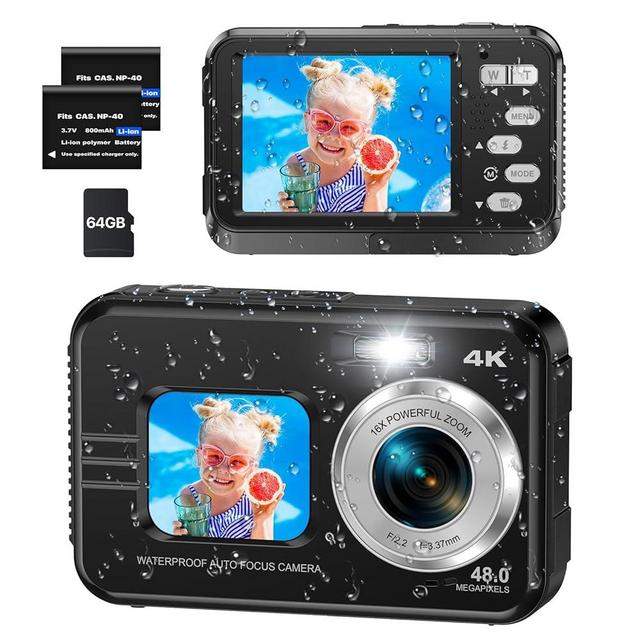 4K Underwater Camera with 64GB Card, 11FT Waterproof Camera Dual-Screen Selfie Underwater Cameras for Snorkeling 16X Digital Zoom Waterproof Digital Camera 2 Batteries (Black)