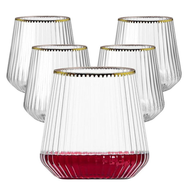 Lueumxc 40 Pack Plastic Ribbed Wine Glasses, 14Oz Origami Disposable Wine Glasses Unbreakable Clear Plastic Cocktail Glasses Recyclable Shatterproof Reusable Wine Cups (14oz-Gold Rim 40pack)