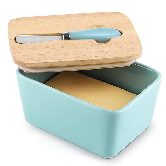 DOWAN Ceramic Butter Dish with Lid - Large Butter Container with Knife, Covered Butter Dish, Blue