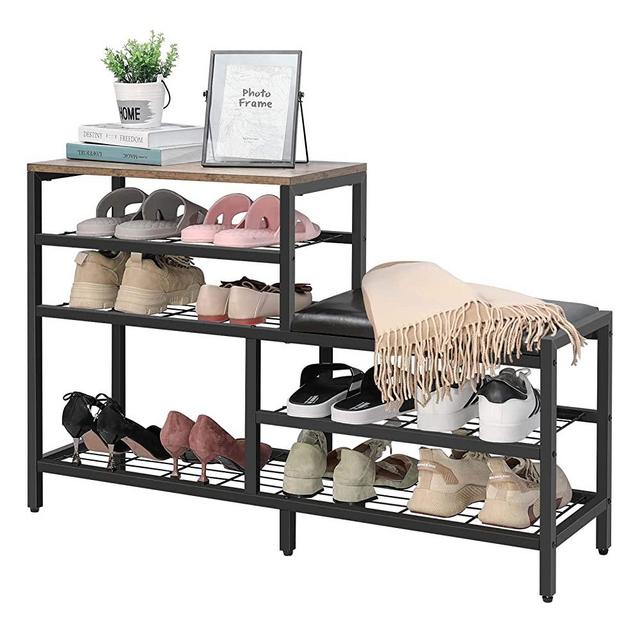 Shoe Rack Bench 5-Tier Shoe Storage with Seat Industrial Entryway Bench Metal Storage Shelves Organizer Entry Bench Shoe Stand for Entryway Hall Brown Black