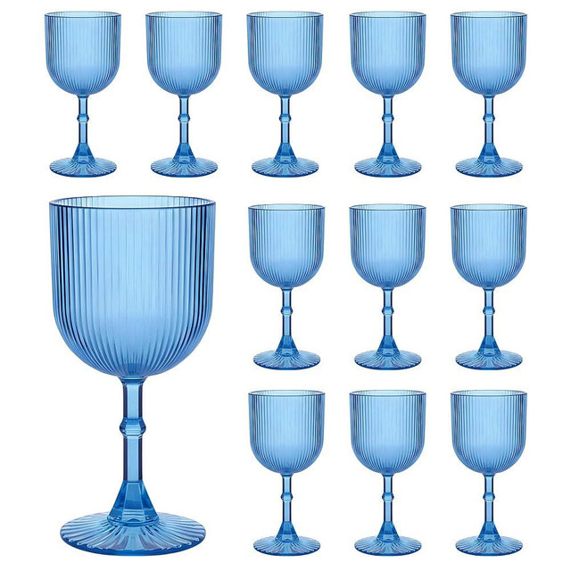 LEYIQU Blue Plastic Wine Glasses 9oz Set of 12, Ribbed Vintage Goblets Unbreakable Reusable BPA-Free Stemmed Drinking Glasses for Parties, Weddings & Events