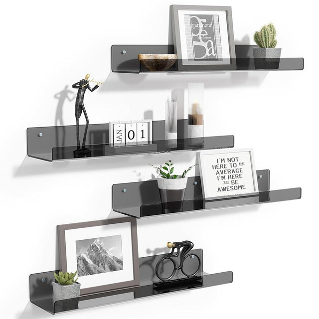 upsimples 4 Pack Acrylic Shelves for Wall Storage, 15" Floating Bookshelves for Kids, Display Shelf Organizer for Bathroom, Bedroom, Living Room Decor, Kitchen, Clear Black