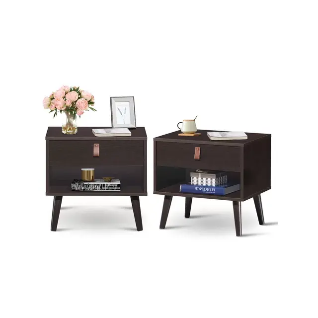 Tangkula Set of 2 Retro Wood Nightstand with Storage Drawer End Table Bedside Table