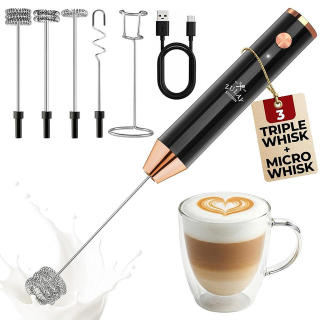 Zulay Kitchen Rechargeable Milk Frother Handheld - Lux 4 Whisks, Powerful 2-Speed Motor, Waterproof, 2000mAh Battery - Drink Mixer for Latte, Cappuccino, Matcha & Protein Powder - Dark Copper