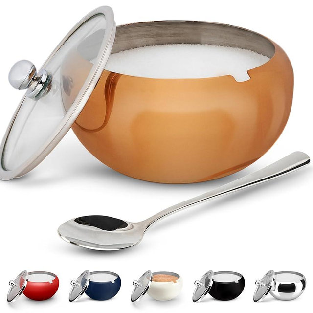 KooK Sugar Bowl, Sugar Bowl with Lid and Spoon, Sugar Container with Lid, for Salt, Coffee, Holds 2 Cups, Dishwasher Safe, Copper, 16 Oz