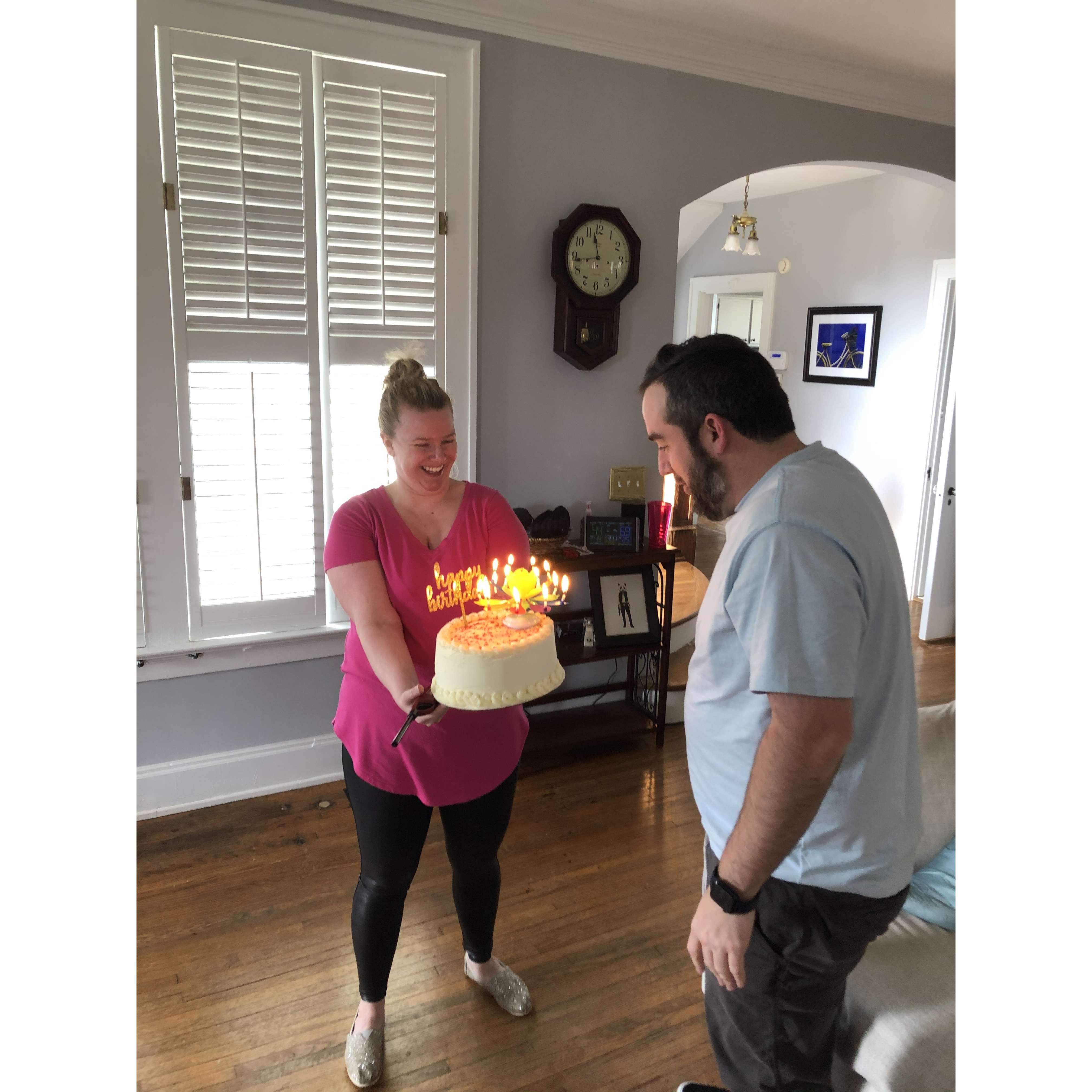 Surprising Austin with a spinning musical birthday candle.