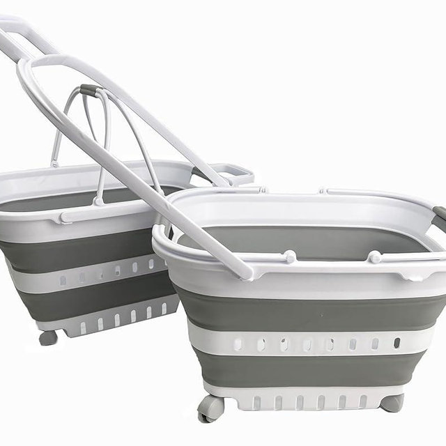 SAMMART 35L (9.24 Gallons) Collapsible Plastic Laundry Basket with Handle and Wheels - Foldable Pop Up Storage Container/Organizer with Handle and Wheels - Space Saving (2, White/Grey)
