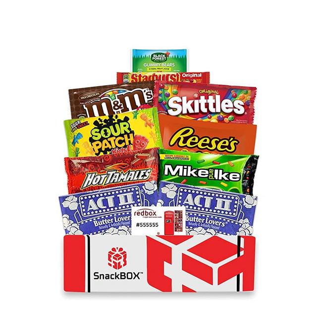 Redbox Movie Night Care Package with Popcorn, Candy and Movie Rental for College Students, Father's Day, Gift Ideas, Birthday, Date Night, Corporate Gifts and Finals (10 Items) From Snack Box