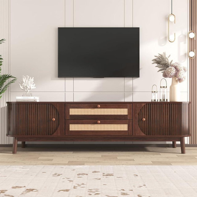 Bennbari 66.9" Modern Farmhouse Rattan TV Stand with Sliding Doors for TVs up to 75", Boho Entertainment Center with 2 Drawers, Media Console with Solid Wood Legs for Living Room (Brown)
