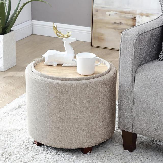 Ornavo Home Lawrence Round Storage Ottoman with Lift Off Lid and Tray Lid Coffee Table, Ottoman with Storage for Living Room, Bedroom and Office, Linen Beige