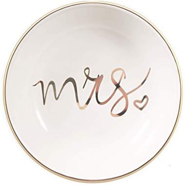 Quany Life Mrs Jewelry Dish Ceramic Ring Trinket Tray Wedding Gift for Bride Desk Storage foe Mrs Engaged Gifts Mr Mrs Gold Engagement Gifts Friend