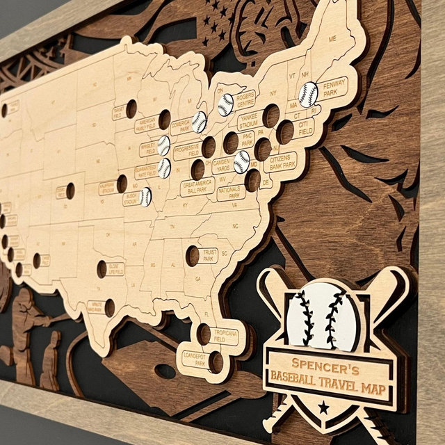 Baseball Stadium Travel Map, MLB Ballpark Tracker, Personalized, Baseball Lover Sign, Dad Gift, Gifts for Men