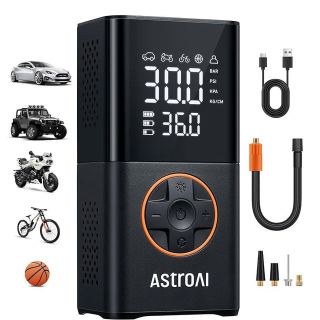 AstroAI L7 Tire Inflator Portable Air Compressor Cordless-2pack Bike Pump with Digital Dual Values Display, 150 PSI Car Tires Pump with LED Lights Air Pump for Cars, Motorcycles, Bikes, Balls Orange