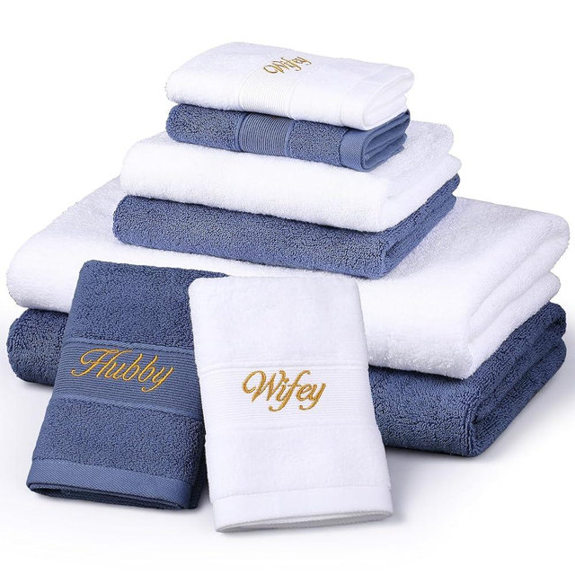 Peryiter 6 Pcs Bathroom Towel Set Honeymoon Gifts for Couples Bride Groom 100% Cotton Travel Towel Wedding Gift for Bridal Shower(Hubby and Wifey,Blue and White)