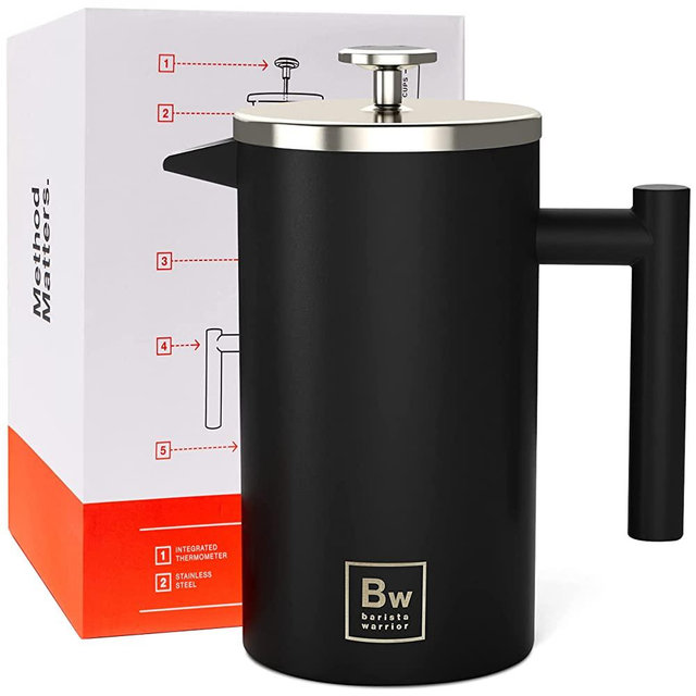 French Press with Thermometer - Insulated Coffee French Press - Stainless Steel Coffee Maker (1.0L | 34 fl oz) (Black)