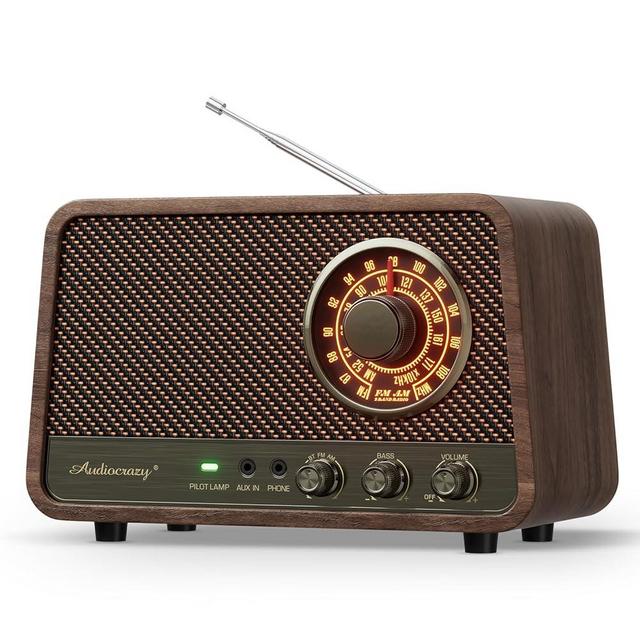 Audiocrazy Vintage Wooden AM FM Bluetooth Radio with Plug in Wall, Retro Bluetooth Speaker Radio with 10 Watts Powerful Speaker | Aux in | Headphone Jack | Bass Control, for Home, Office, Kitchen