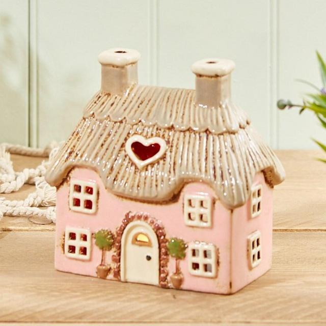 Pink Ceramic Thatched Cottage House Tea Light Holder Ornament