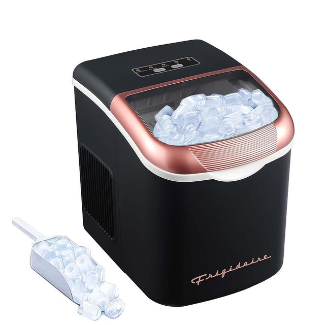 FRIGIDAIRE Retro Compact Ice Maker Machine, Bullet Ice, 26 lb per Day (BlackRoseGold)