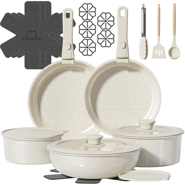 OzawaBear 23 Pcs Pots and Pans Set Non Stick, Ceramic Cookware Set Non Toxic with Detachable Handles, Healthy Induction Cookware Oven Safe RV Kitchen Set, PFAS PFOA & PTFE Free, Cream White