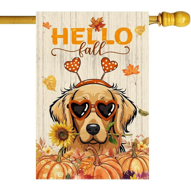 ZAEW Hello Fall Wood Dog Pumpkins House Flag Large 28X40 Inch Autumn Big Vertical Double Sided Yard Outdoor Outside Holiday Decoration
