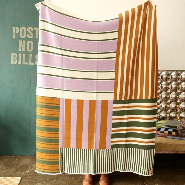 Purple and Green Stripes - Patchwork Mix and Match Merino Wool Blanket in Lavender, Hunter Green, and Ochre - Colorful Throw Blanket