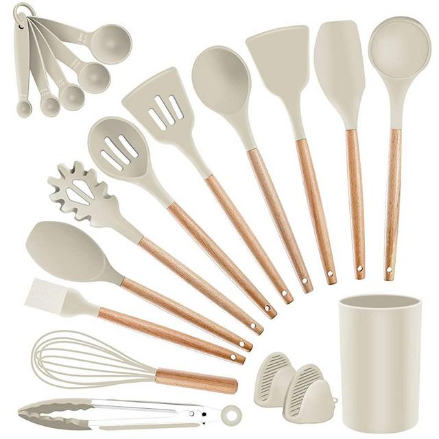 Silicone Kitchen Cooking Utensils Set - SZBOB Heat Resistant Kitchen Tools Wooden Handle Spoons Silicon Whisk Kitchen Utensil Set with Holder Spatulas Turner Tongs Kitchen Appliances for Cooking