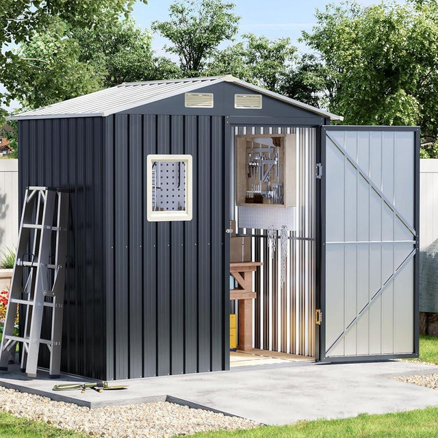 Grovellis Update Version 6x4 FT Outdoor Metal Storage Shed, Single Door, 1 Clear Window, Tool Shed for Garden, Patio, Backyard Brown
