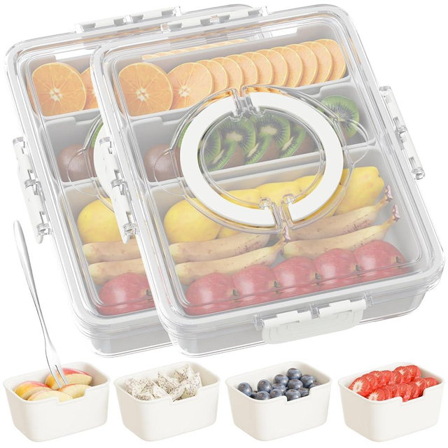Snackle Box Container,Divided Serving Tray with Lid and Handle,7 Portable Compartment Travel Snack Box for Candy Fruits Nuts Veggie for Road Trip Party Picnic (2 Pack-Dishwasher Safety)