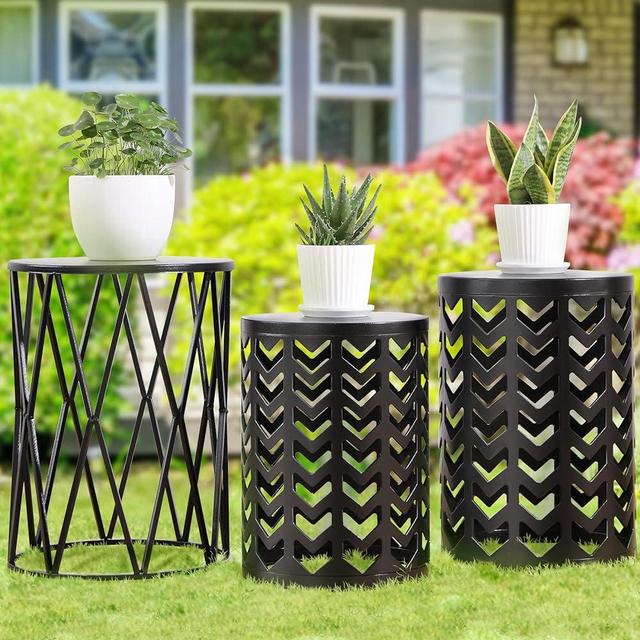 Y&M Set of 3 Black End Tables, Nesting Metal Round Coffee Table, Heavy Duty Meta Plant Stand Decorative Garden Stool, Outdoor Multifunctional Use