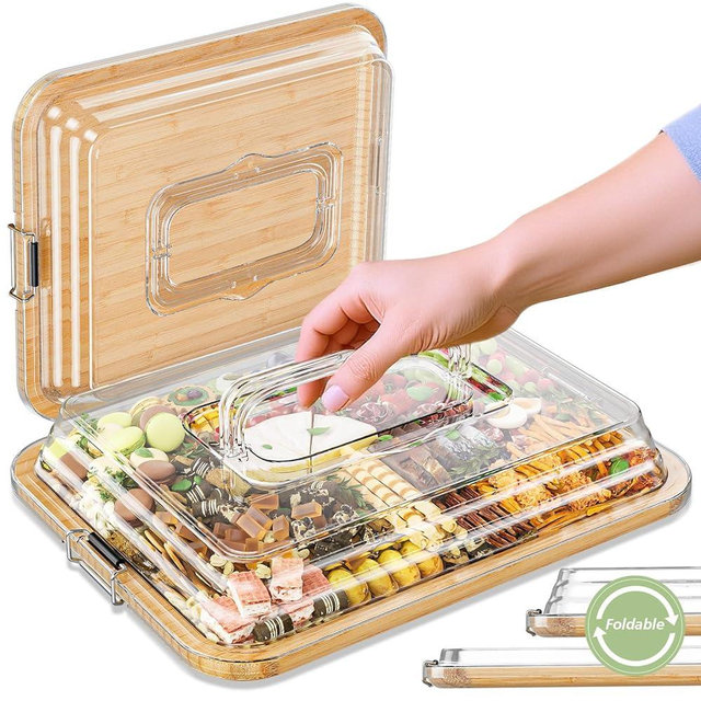 Charcuterie Boards with Foldable Lid, Portable Bamboo Cheese Board with Single Compartments, Clear Locking Lid and Handle, Easy to Store, Suitable for Picnics, Camping, Parties & Holiday Gifts