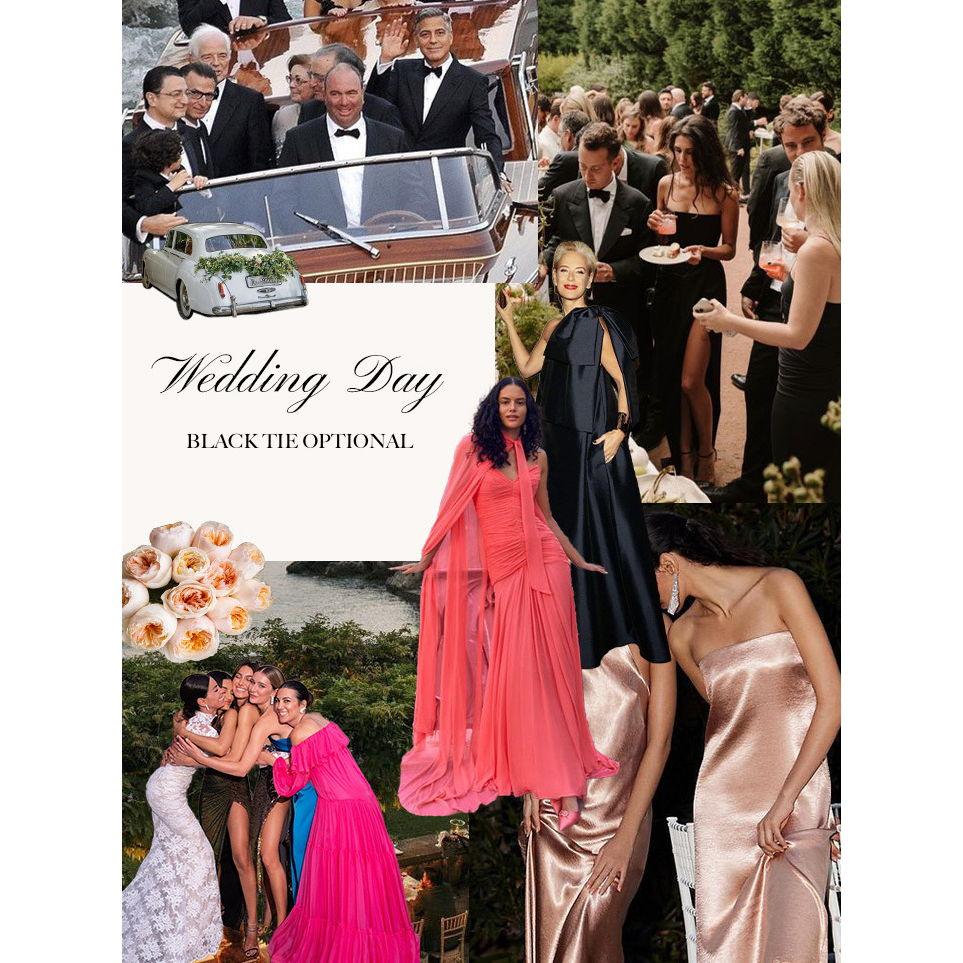 Wedding day: This event is black tie optional. Men, please wear a black tuxedo or black suit. Women, please wear formal solid colored gowns. Avoid prints.