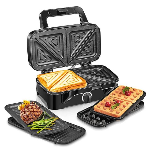 FOHERE Waffle Maker 3 in 1 Sandwich Maker 1200W Panini Press With Removable Plates and 5-gear Temperature Control, Non-stick Coating Easy to Clean,Indicator Lights, Silver/Black