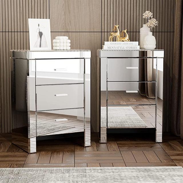 IKIFLY Mirrored End Table Set of 2, Mirror Accent Side Table w/3 Drawers,Finished Nightstand for Living Room/Bedroom (2pc, Silver)