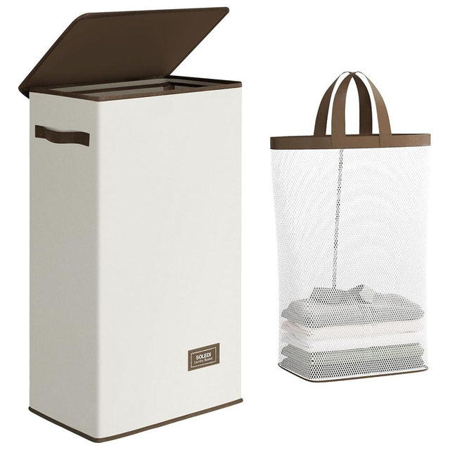 SOLEDI Slim Laundry Hamper with Lid, Narrow Laundry Basket with Removable Bags, Dirty Clothes Hamper with handle, Small Hamper perfect for Laundry room, Bathroom, Bedroom, Small spaces. 70L Beige