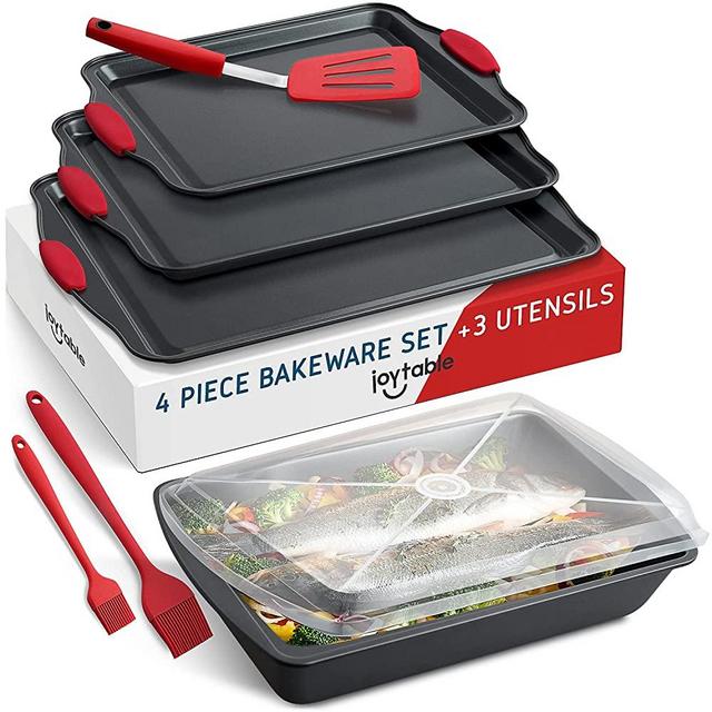 Cookie Sheet Set - 8 Piece Non-Stick Baking Sheets For Oven - With Turner Spatula and Silicone Handles - Cookie Sheets Baking Pans by JoyTable